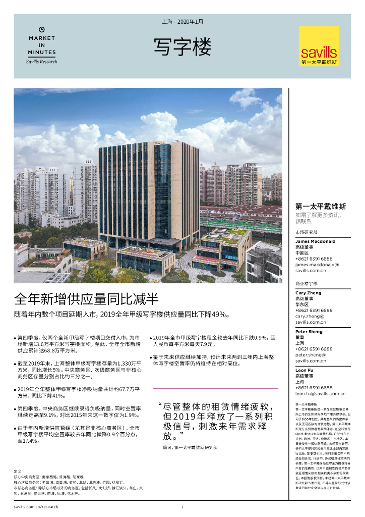 上海写字楼市场简报2019年第四季度