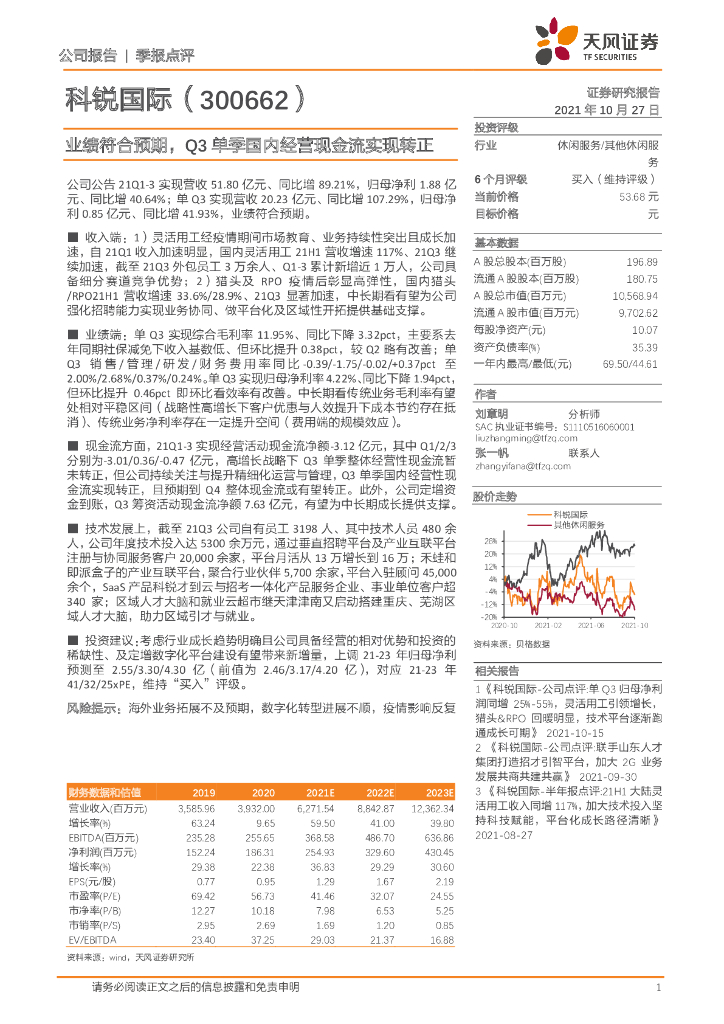 天风证券：科锐国际（300662）-业绩符合预期，Q3单季国内经营现金流实现转正 海报