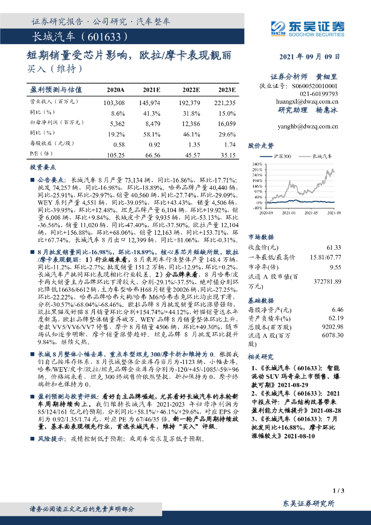 东吴证券:长城汽车(601633)-短期销量受<em>芯片</em>影响,欧拉/摩卡表现靓丽 海报