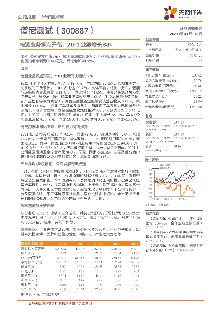 天风证券：谱尼测试（300887）-检测业务多点开花，21H1业绩增长68% 海报