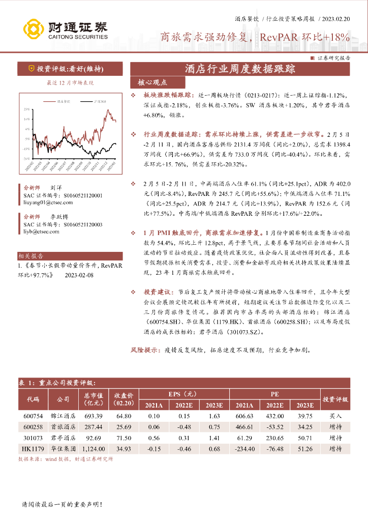 财通证券：酒店行业周度数据跟踪：商旅需求强劲修复，RevPAR环比+18%