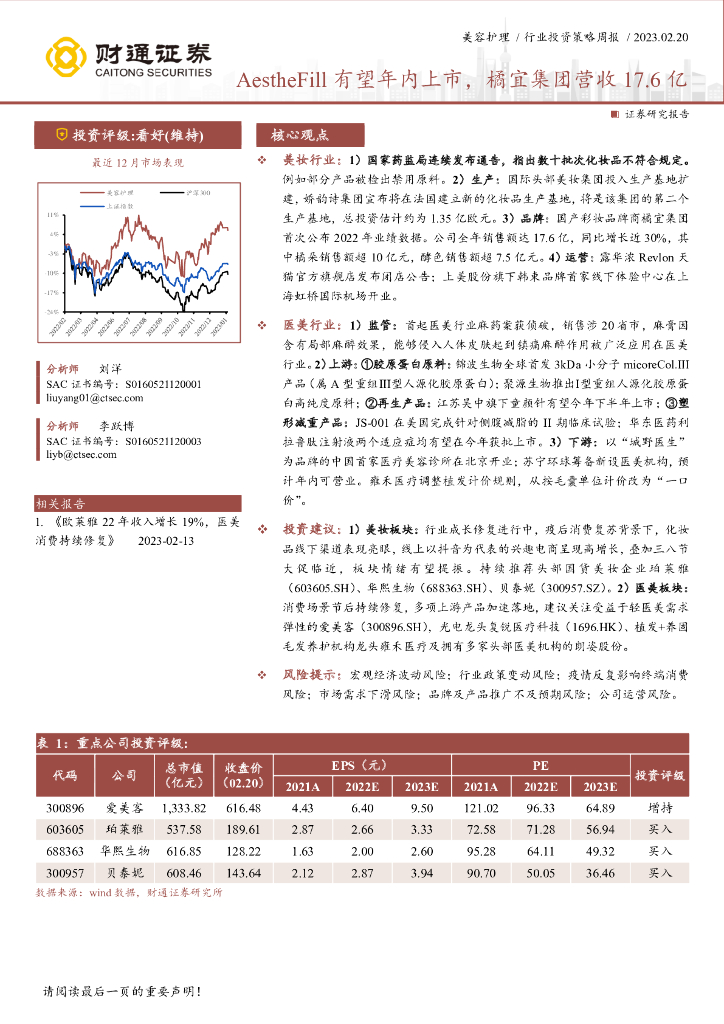 财通证券：美容护理行业投资策略周报：AestheFill有望年内上市，橘宜集团营收17.6亿