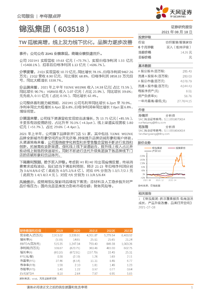 天风证券：锦泓集团（603518）-TW延续高增，线上发力线下优化，品牌力逐步改善 海报