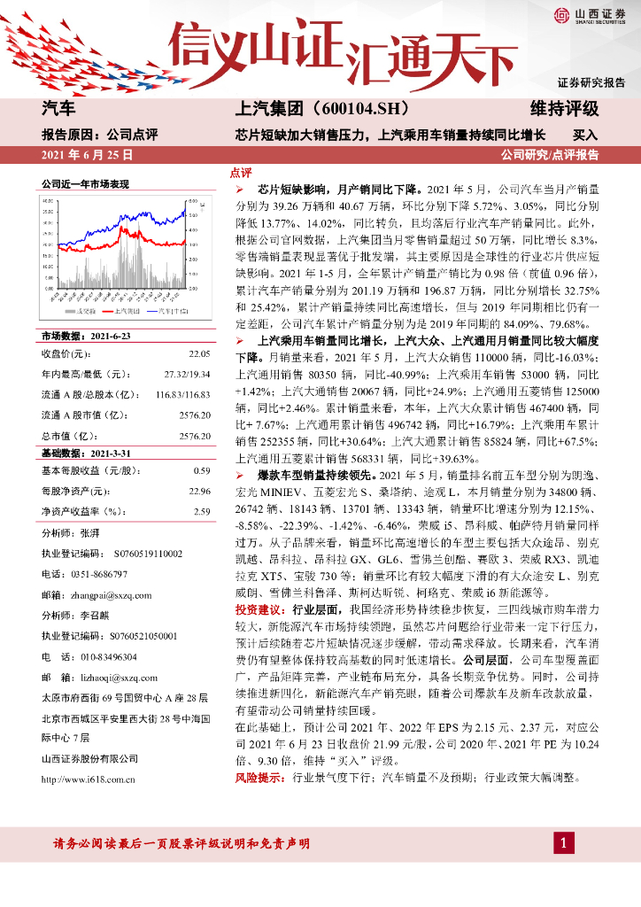 山西证券:上汽集团(600104)-<em>芯片</em>短缺加大销售压力,上汽乘用车销量持续同比增长 海报