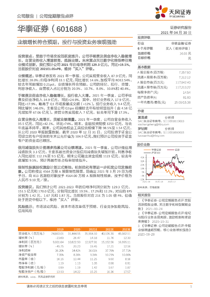 天风证券：华泰证券（601688）-业绩增长符合预期，投行与投资业务表现强劲 海报