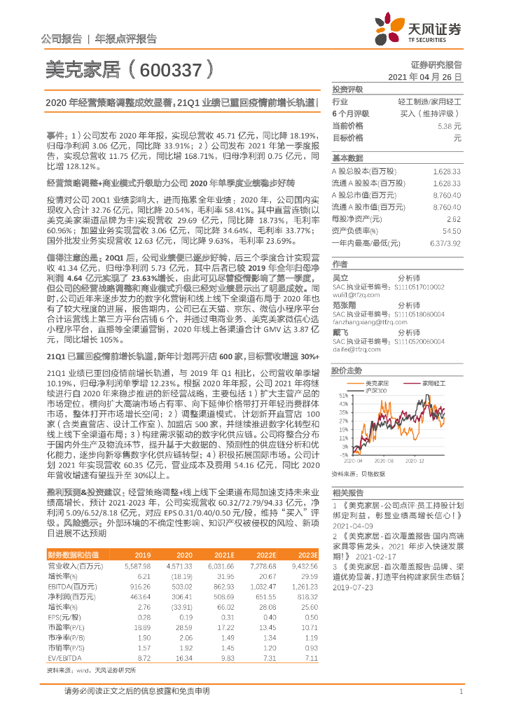 天风证券：美克家居（600337）-2020年经营策略调整成效显著，21Q1业绩已重回疫情前增长轨道！ 海报