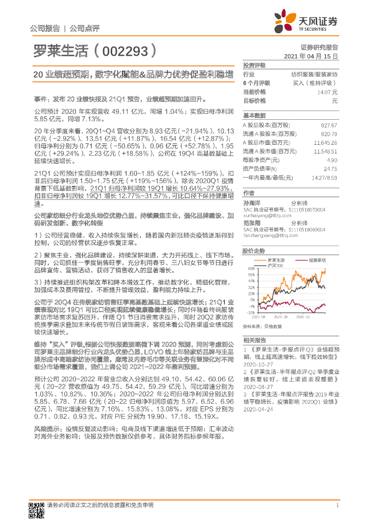 天风证券：罗莱生活（002293）-20业绩超预期，<em>数<em>字化</em></em>赋能&品牌力优势促盈利稳增 海报