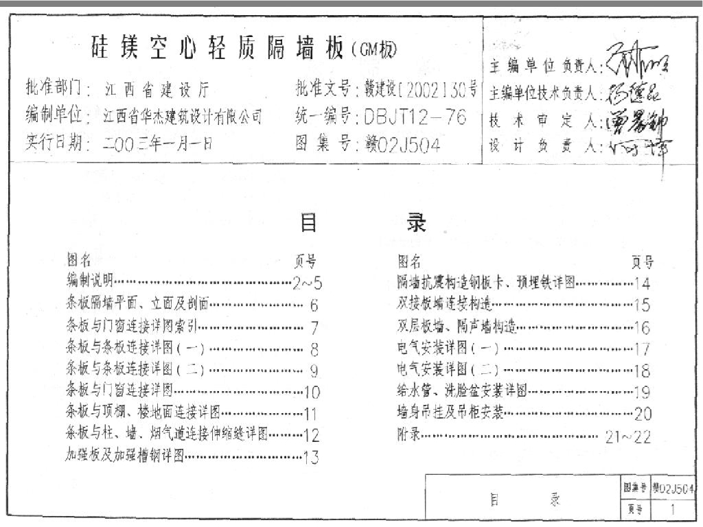 赣02J504 硅镁空心轻质隔墙板（GM板）图集