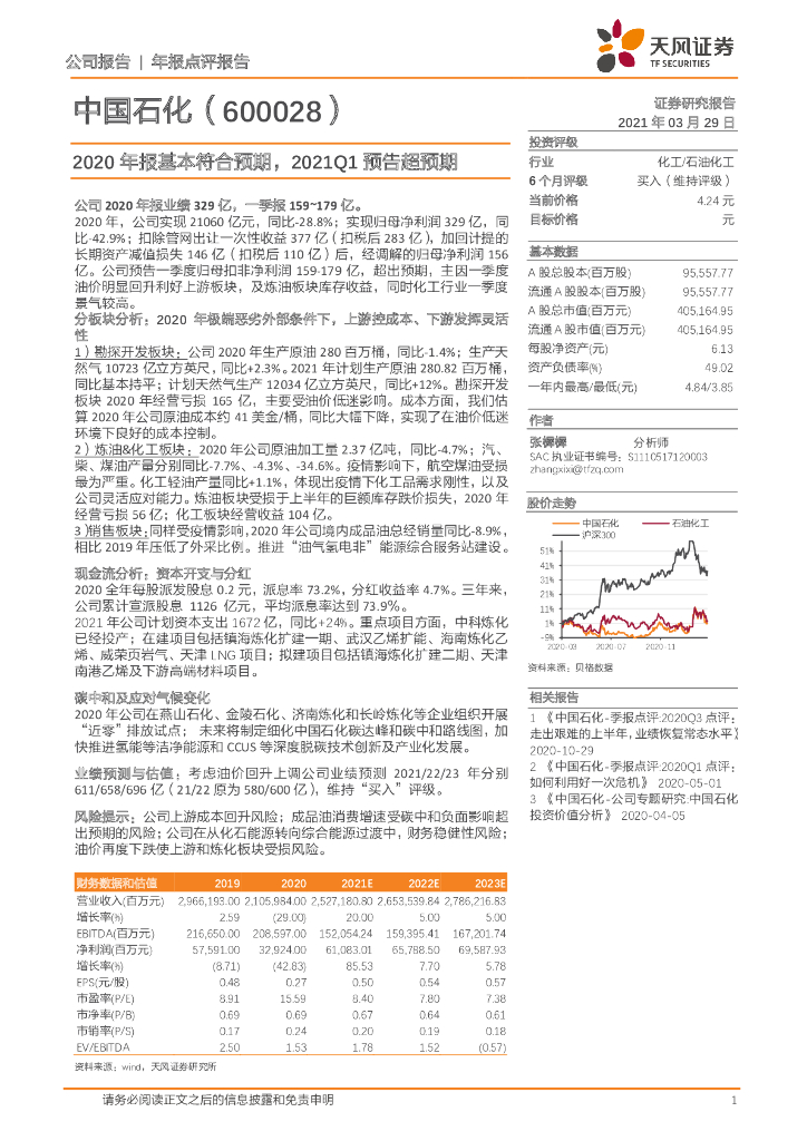 天风证券：中国石化（600028）-2020年报基本符合预期，2021Q1预告超预期 海报