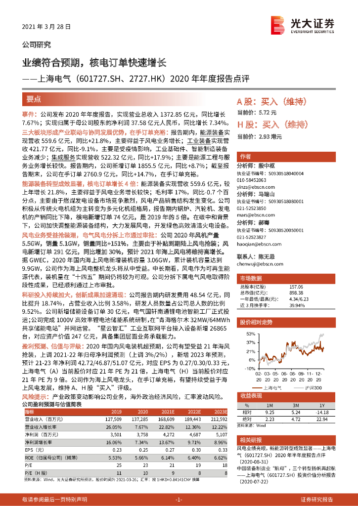 光大证券：上海电气（601727）-2020年年度报告点评：业绩符合预期，核电订单快速增长 海报
