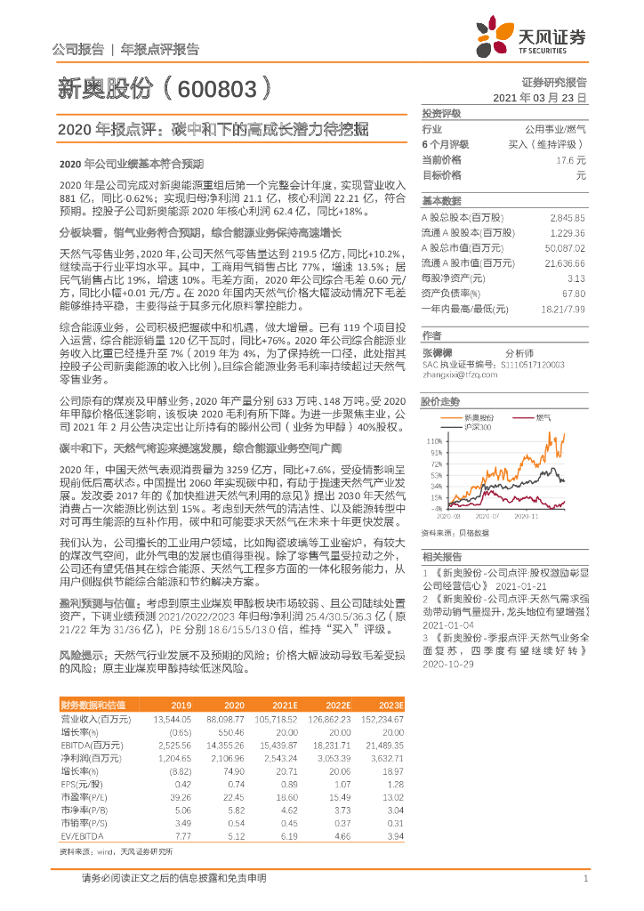 天风证券：新奥股份（600803）-2020年报点评：<em>碳中和</em>下的高成长潜力待挖掘 海报