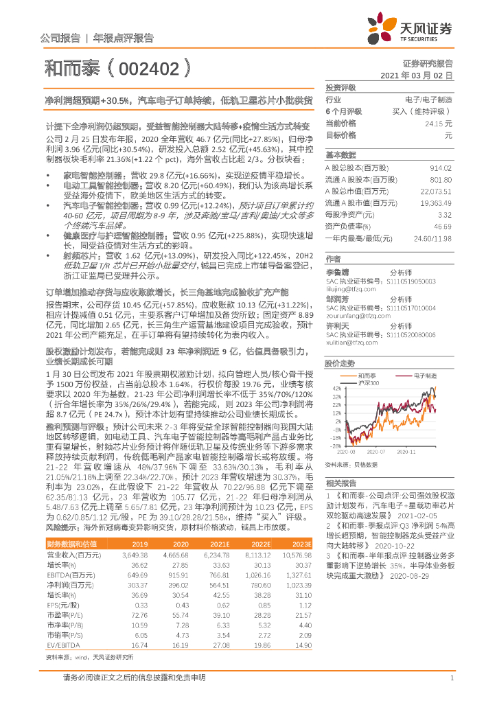 天风证券:和而泰(002402)-净利润超预期+30.5%,汽车电子订单持续,低轨卫星<em>芯片</em>小批供货 海报