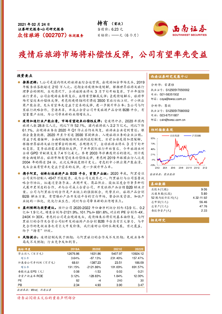 西南证券：众信<em>旅游</em>（002707）-疫情后<em>旅游</em>市场将补偿性反弹，公司有望率先受益 海报