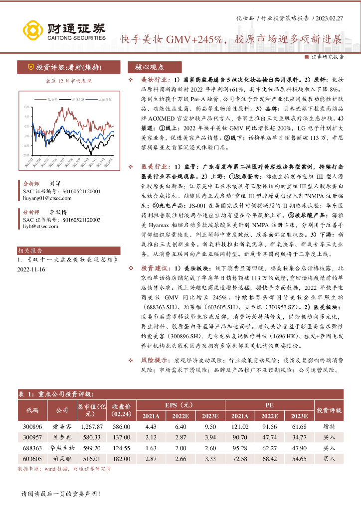 财通证券：化妆品行业投资策略报告：快手美妆GMV+245%，胶原市场迎多项新进展
