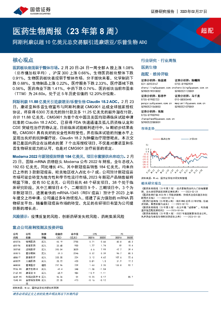 国信证券：医药生物周报（23年第8周）：阿斯利康以超10亿美元总交易额引进康诺亚/乐普生物ADC