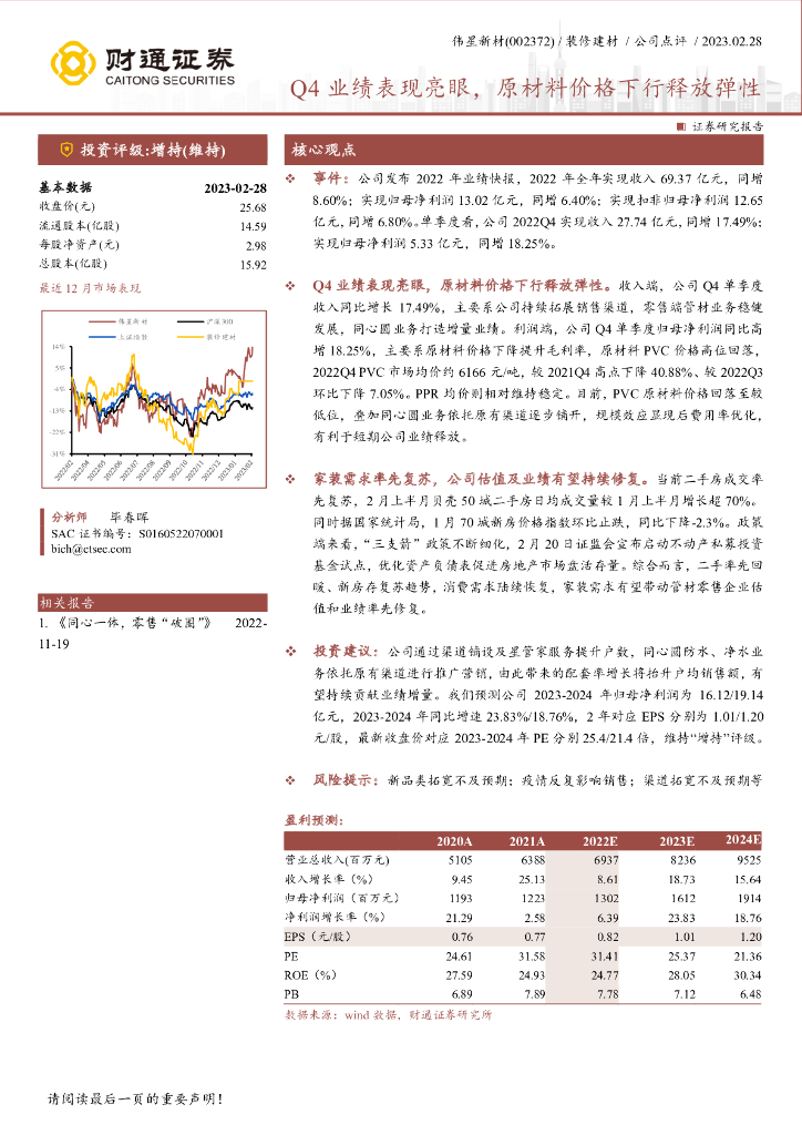 财通证券：伟星新材（002372）-Q4业绩表现亮眼，原材料价格下行释放弹性