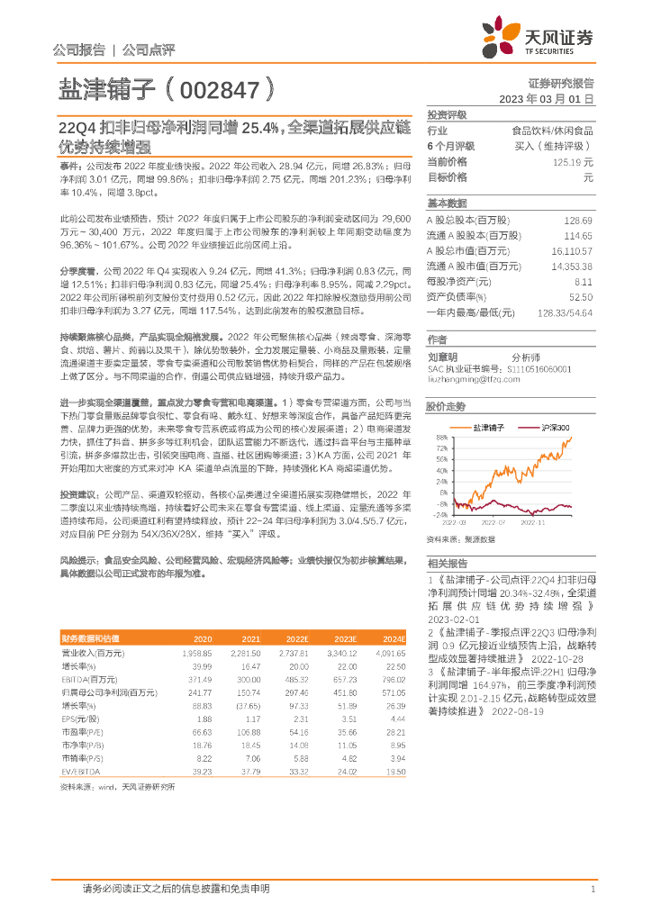 天风证券：盐津铺子（002847）-22Q4扣非归母净利润同增25.4%，全渠道拓展<em>供应链</em>优势持续增强 海报