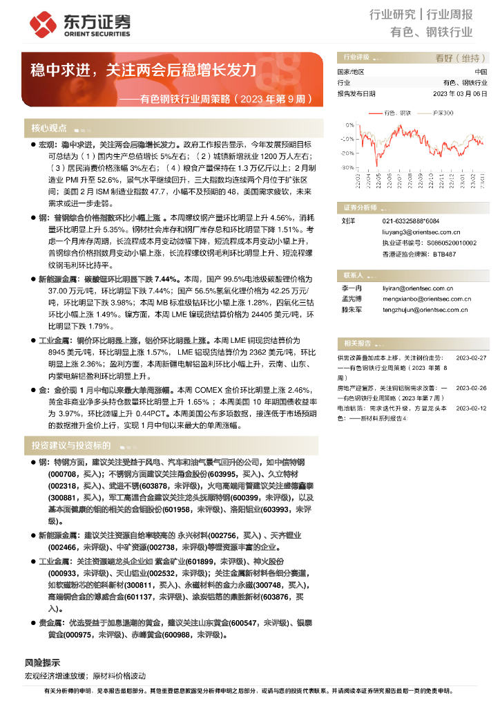 东方证券：有色钢铁行业周策略（2023年第9周）：稳中求进，关注两会后稳增长发力