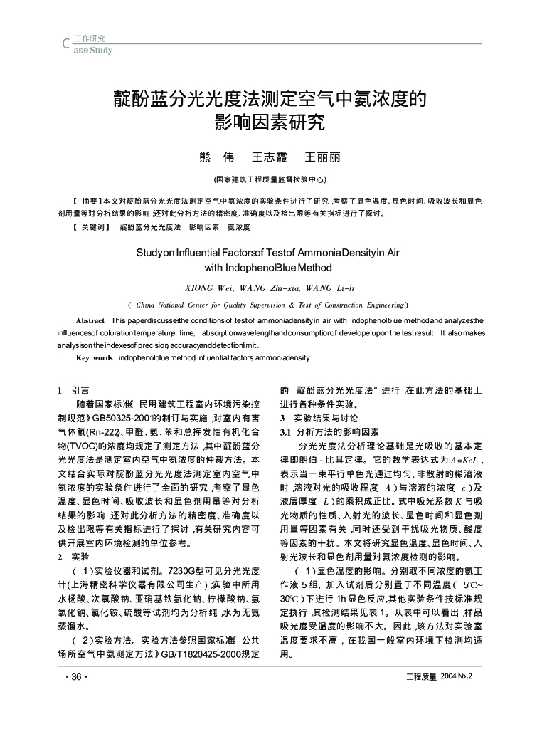 靛酚蓝分光光度法测定空气中氨浓度的影响因素研究
