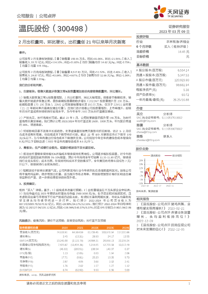 天风证券：温氏股份（300498）-2月出栏量同、环比增长，出栏量创21年以来单月次新高