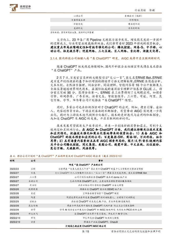 德邦证券：传媒互联网行业2月报：关注AIGC与ChatGPT相关研发及应用，及互联网、游戏、电影行业的投资机会_第9页