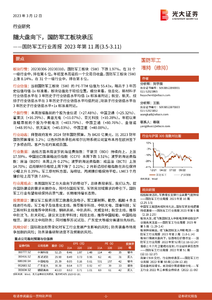 光大证券:国防<em>军工</em>行业周报2023年第11周:随大盘向下,国防<em>军工</em>板块承压 海报
