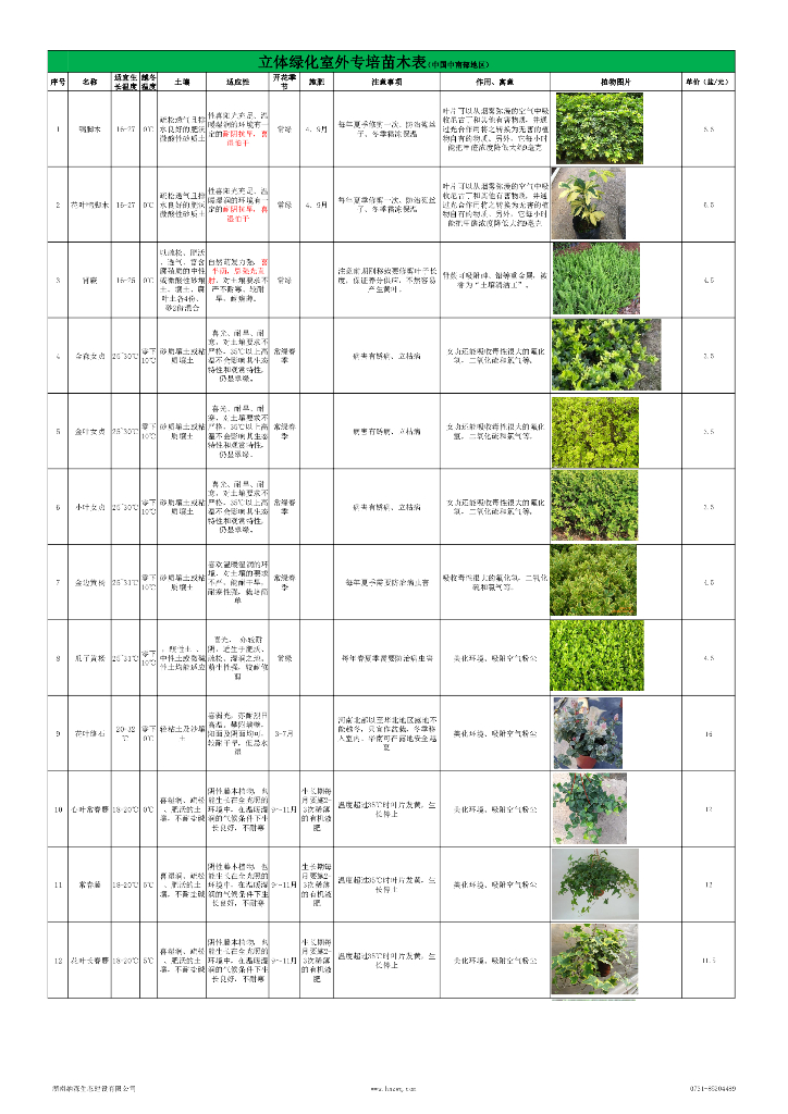 华中地区立体绿化垂直绿化植物苗木表