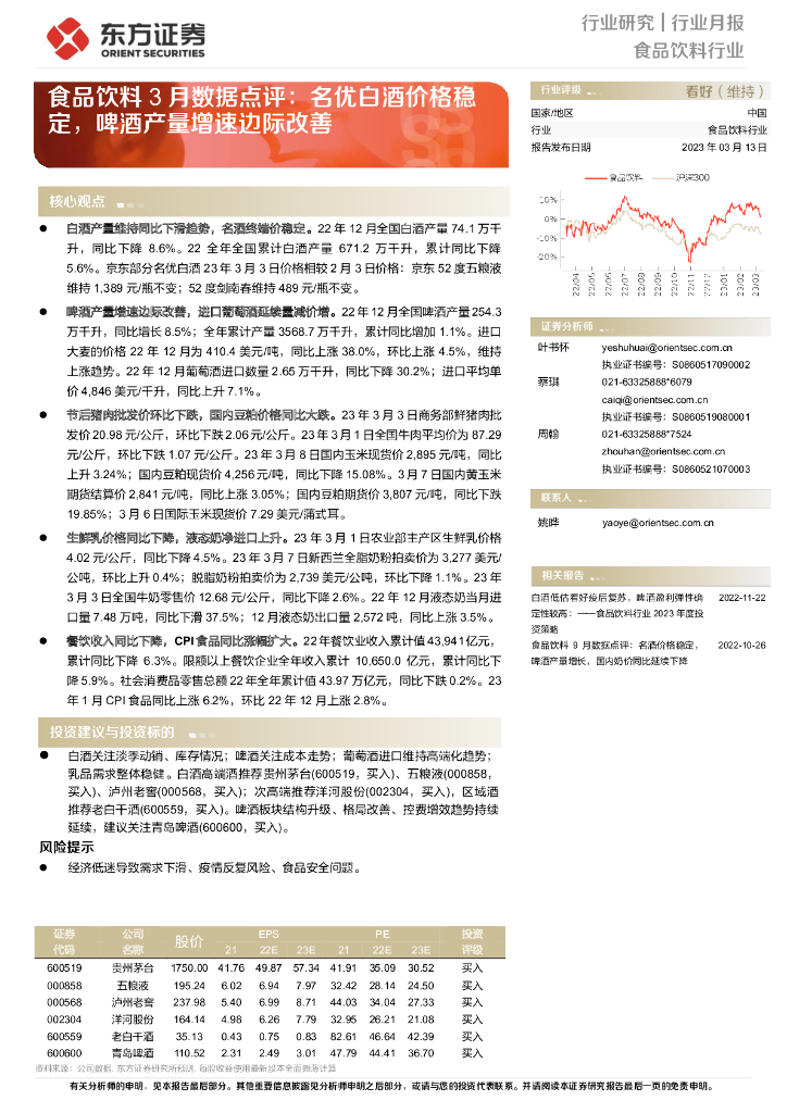 东方证券：食品饮料3月数据点评：名优白酒价格稳定，啤酒产量增速边际改善