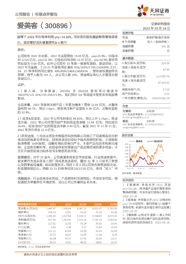 天风证券：爱美客（300896）-疫情下2022年归母净利润yoy+31.92%，同时发布股权激励彰显管理层信心，坚定看好龙头修复弹性&α能力