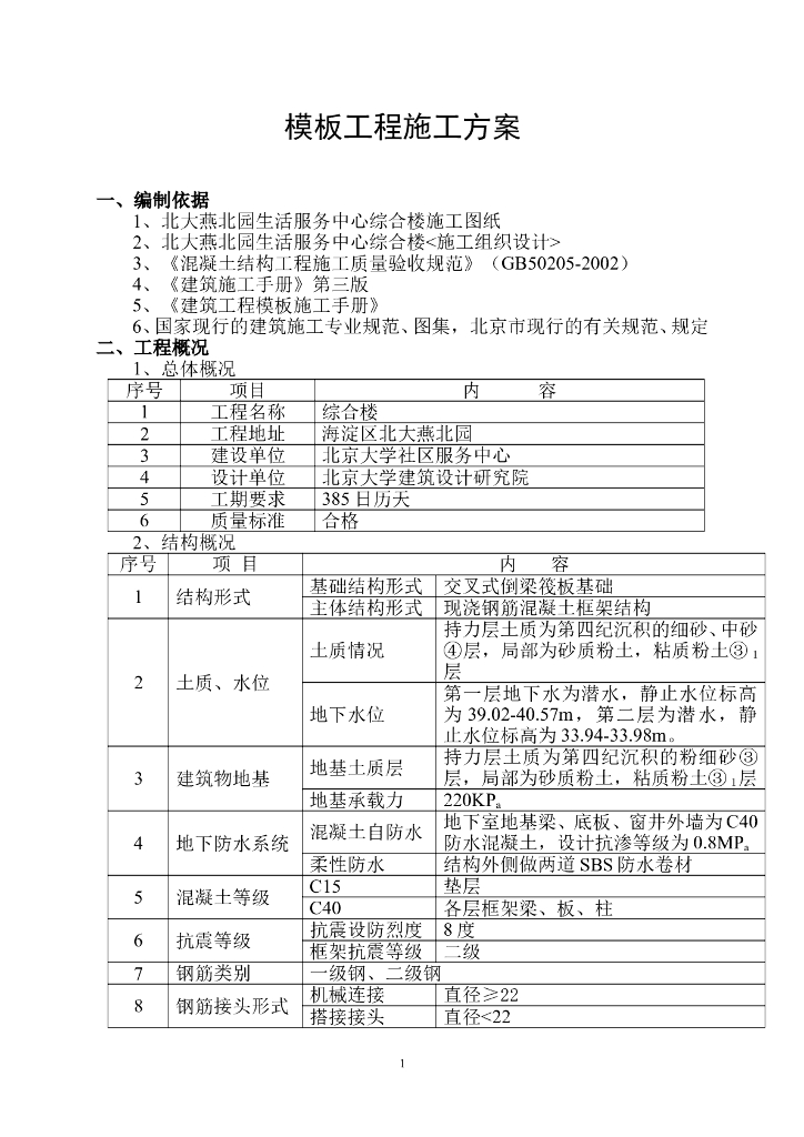 生活服务中心综合楼模板工程施工方案