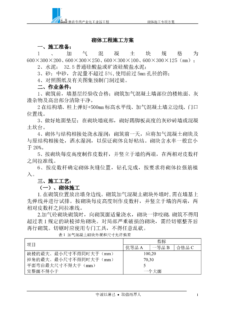 加气混凝土块砌体工程施工方案