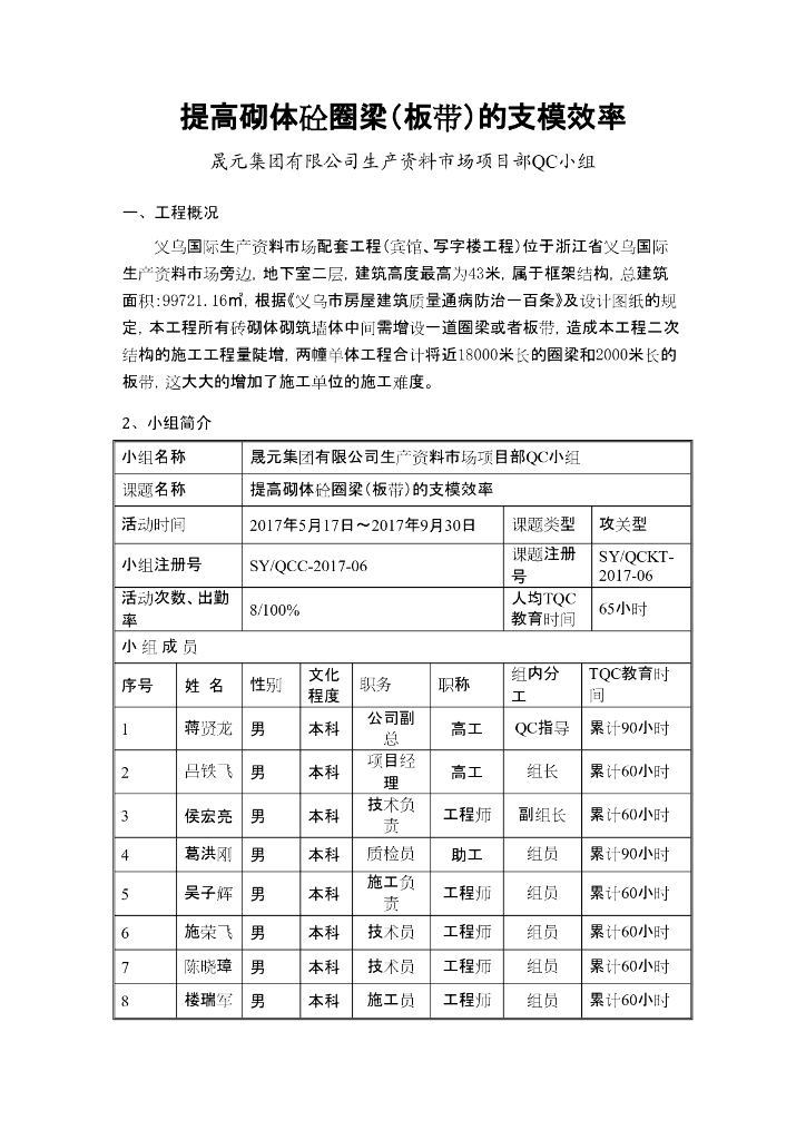 [QC成果]提高砌体砼圈梁（板带）的支模效率