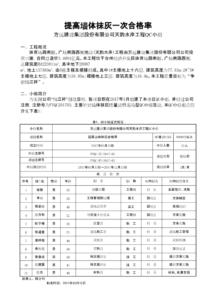 [QC成果报告]提高墙体抹灰一次合格率