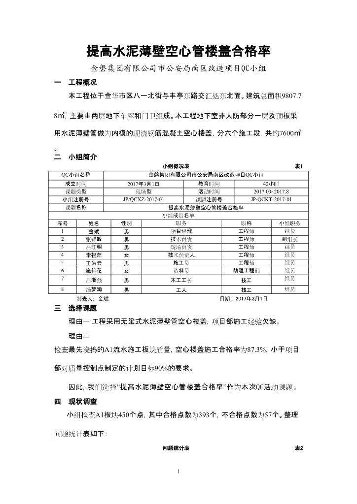 [QC成果报告]提高水泥薄壁空心管楼盖合格率