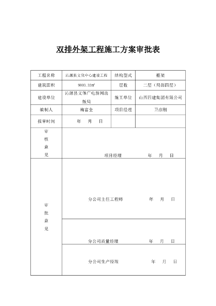 文化中心建设工程双排扣件式钢管落地脚手架施工方案（附方案审批表）