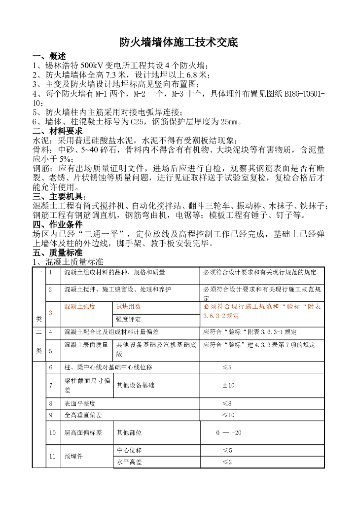 防火墙墙体施工技术交底