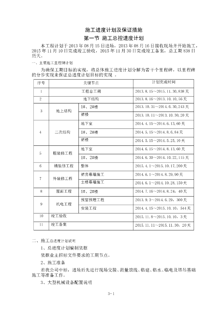 主体结构工程施工进度计划及保证措施