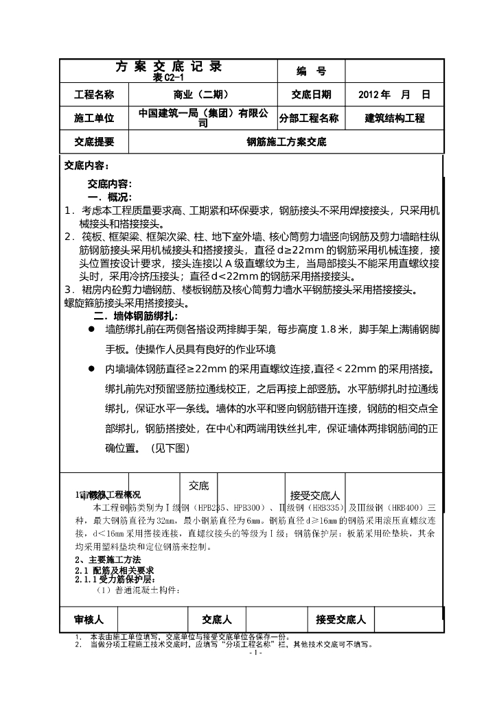 框架剪力墙钢筋工程绑扎配筋搭接施工方案