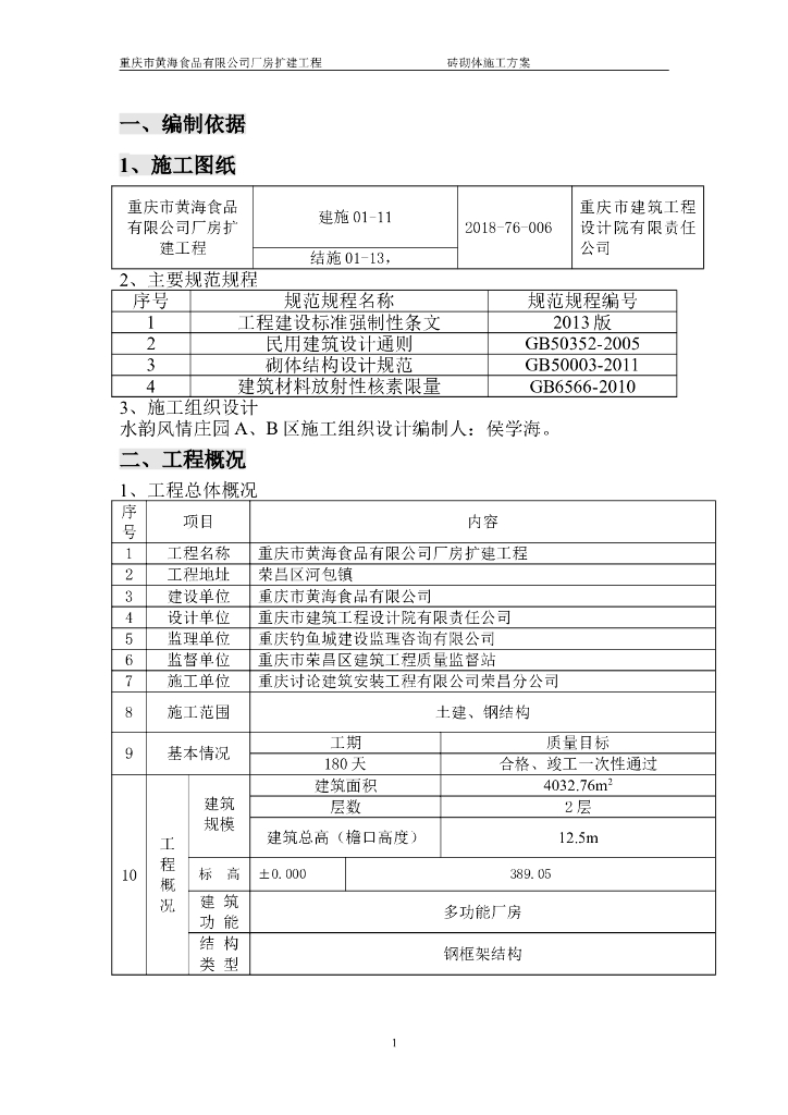 钢框架厂房砖砌体工程专项施工方案