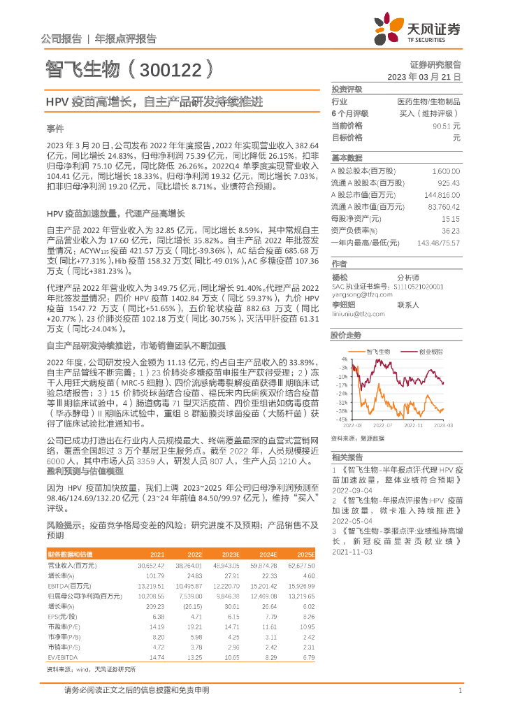 天风证券：智飞生物（300122）-HPV疫苗高增长，自主产品研发持续推进