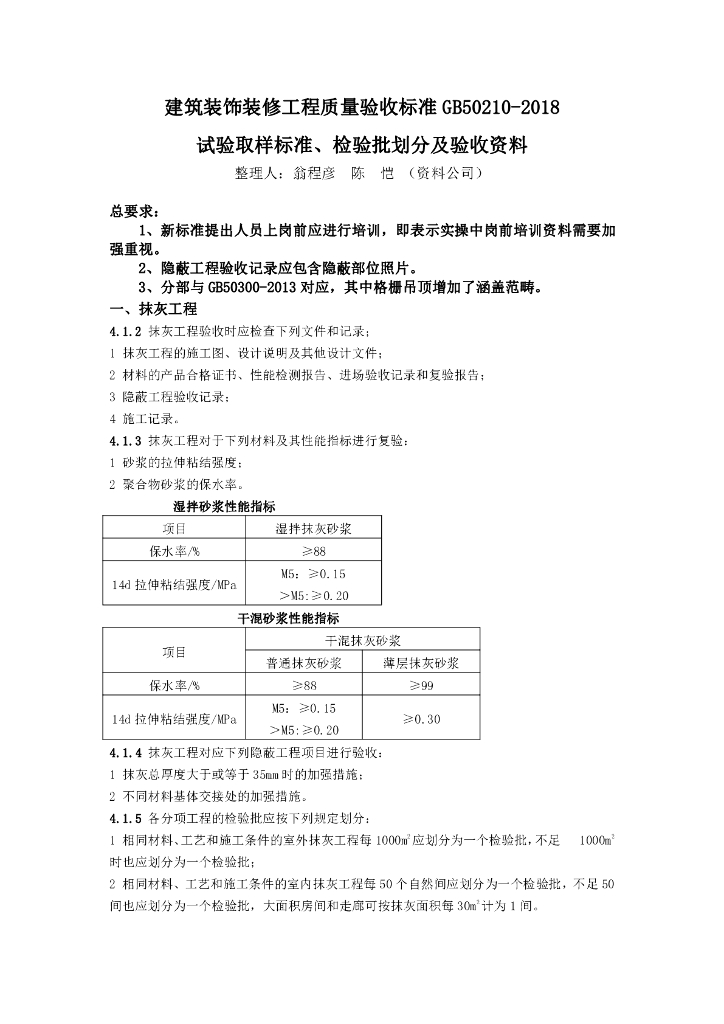 装饰装修工程试验取样标准、检验批划分