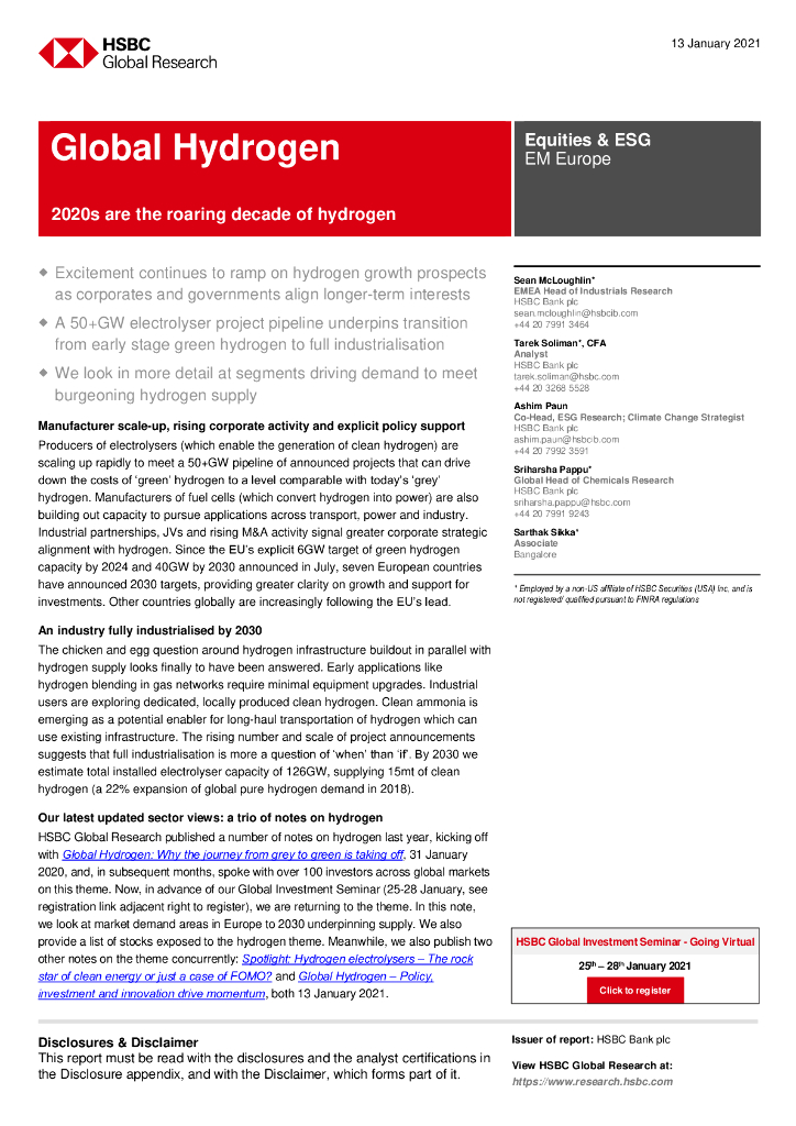 HSBC：全球<em>能源</em>行业全球氢燃料：21世纪20年代是氢<em>能源</em>蓬勃发展的十年 海报