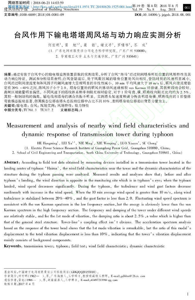 台风作用下输电塔塔周风场与动力响应实测