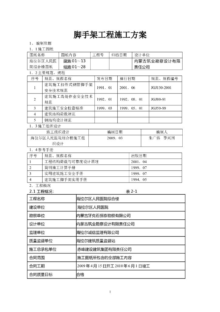 人民医院综合楼项目脚手架工程施工方案