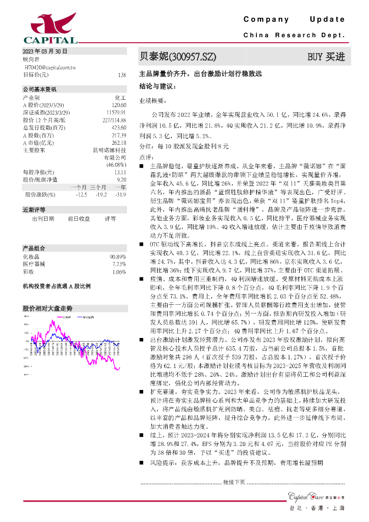 群益证券：贝泰妮（300957）-主品牌量价齐升，出台激励计划行稳致远