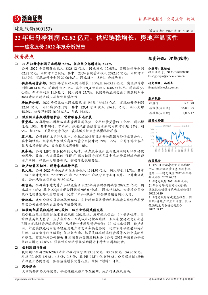 浙商证券：建发股份2022年报分析报告：22年归母净利润62.82亿元，<em>供应链</em>稳增长，房地产显韧性 海报