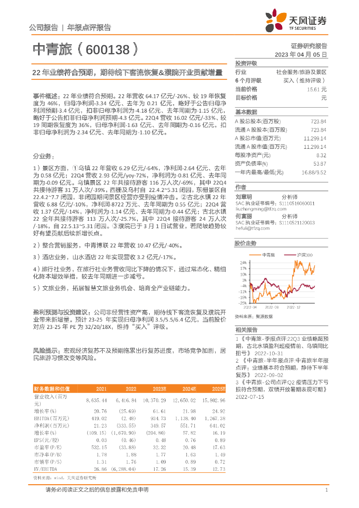 天风证券：中青旅（600138）-22年业绩符合预期，期待线下客流恢复&濮院开业贡献增量