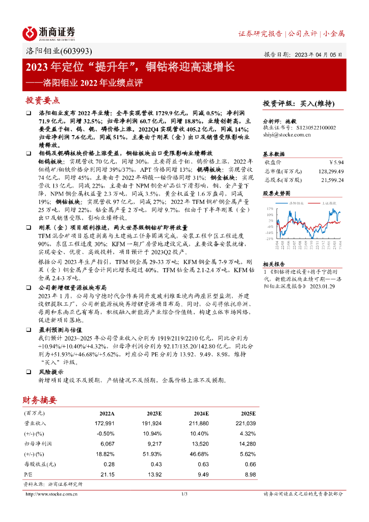 浙商证券：洛阳钼业2022年业绩点评：2023年定位“提升年”，铜钴将迎高速增长
