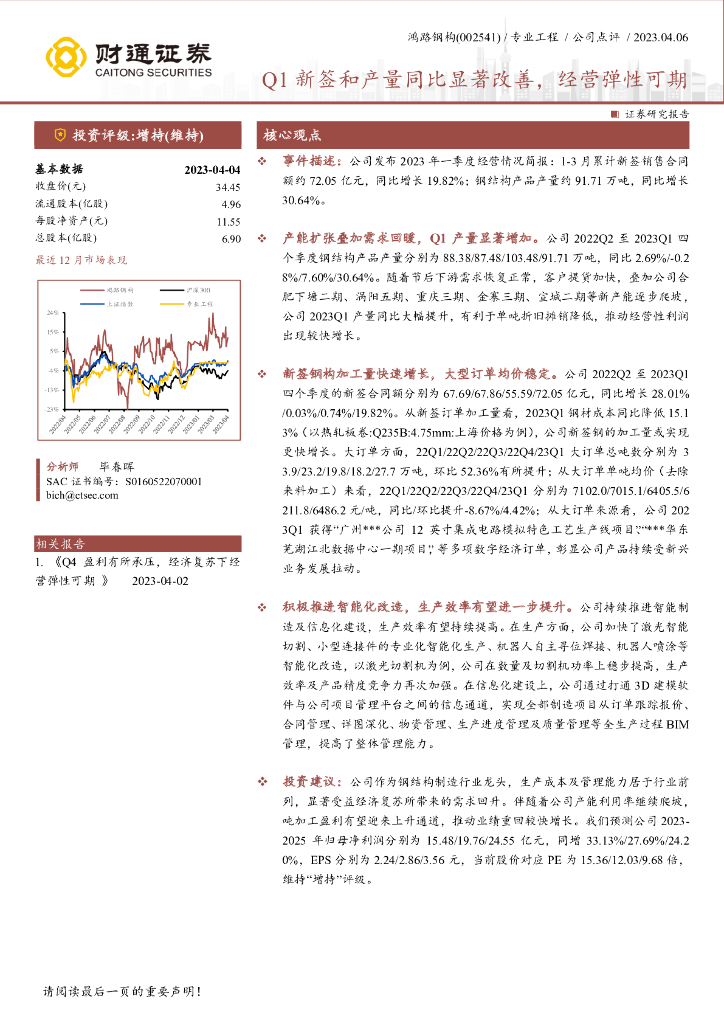 财通证券：鸿路钢构（002541）-Q1新签和产量同比显著改善，经营弹性可期