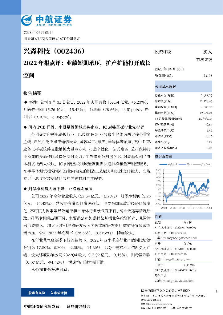 中航证券：兴森科技（002436）-2022年报点评：业绩短期承压，扩产扩能打开成长空间 海报